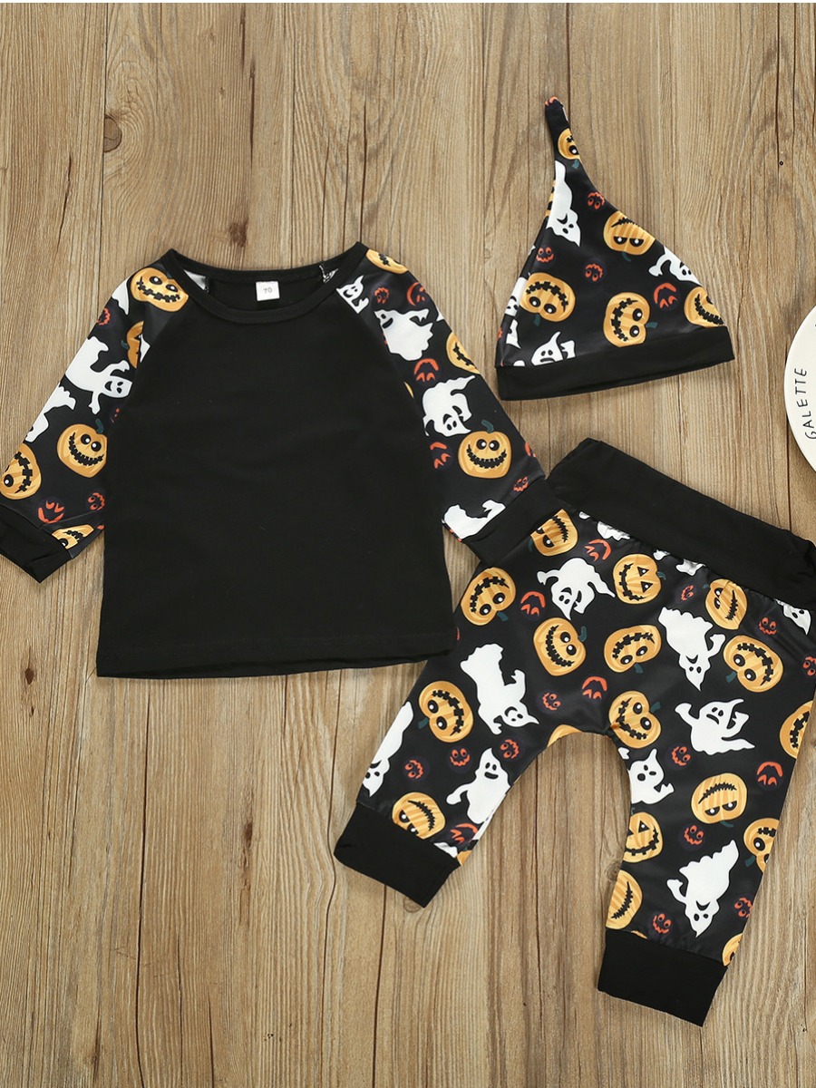 

Lovely Casual O Neck Print Patchwork Black Boy Two-piece Pants Set