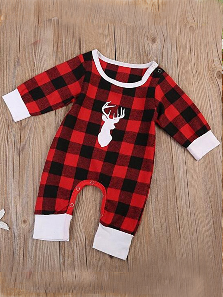 

lovely Sweet O Neck Grid Print Patchwork Black And Red Boy One-piece Jumpsuit, Red and black check