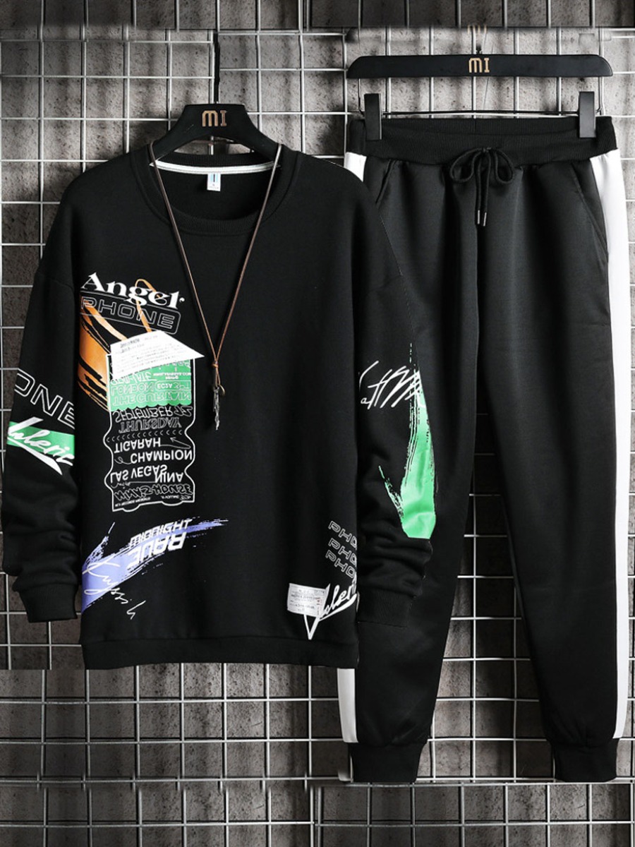 

lovely Sportswear O Neck Letter Print Black Men Two-piece Pants Set
