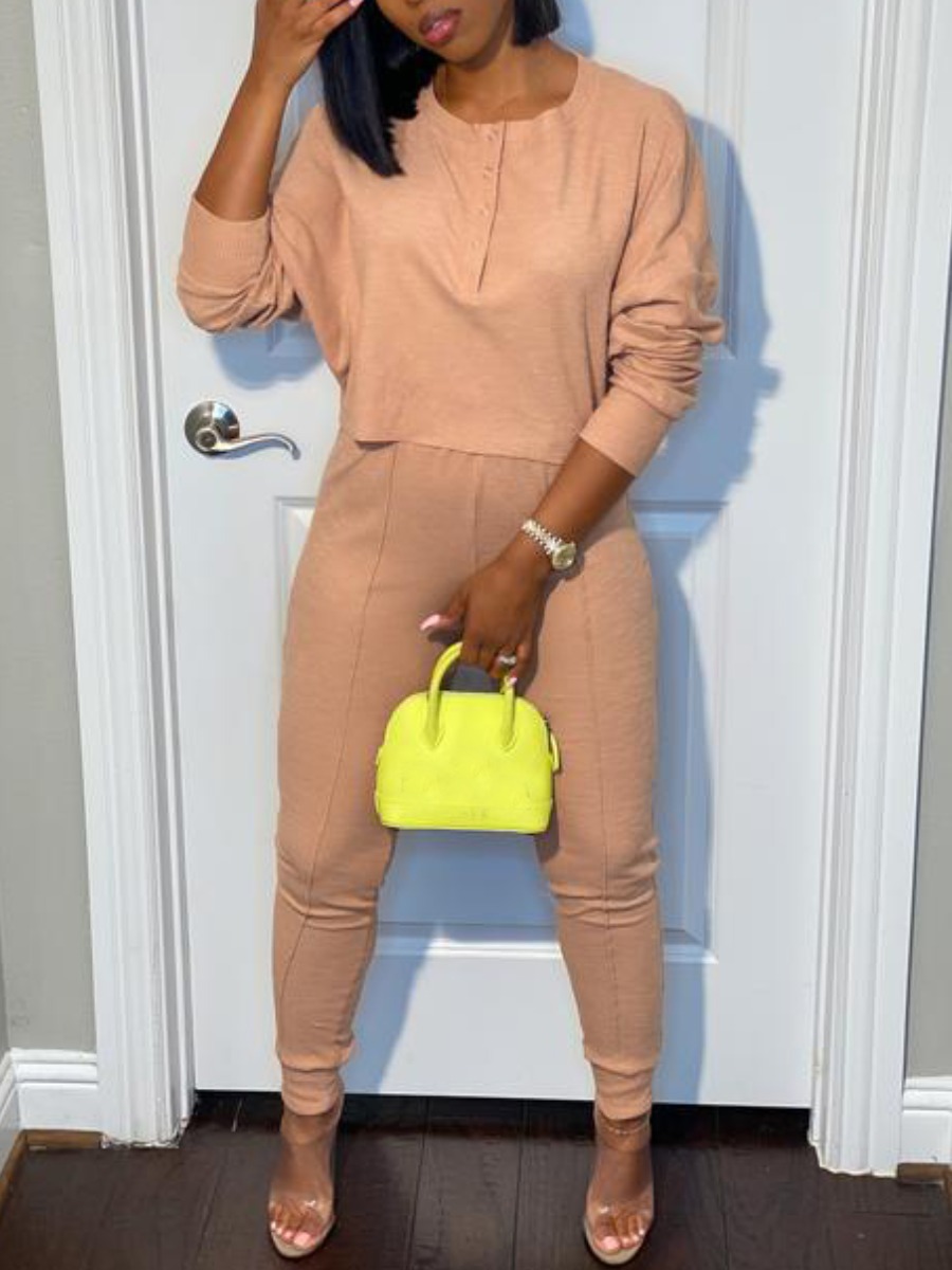 

lovely Casual O Neck Basic Pink Two Piece Pants Set