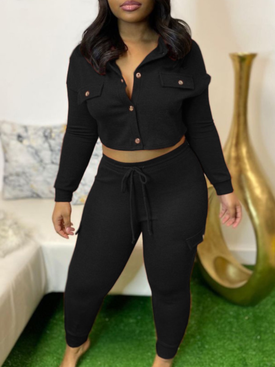 

lovely Trendy Turndown Collar Buttons Design Black Two Piece Pants Set
