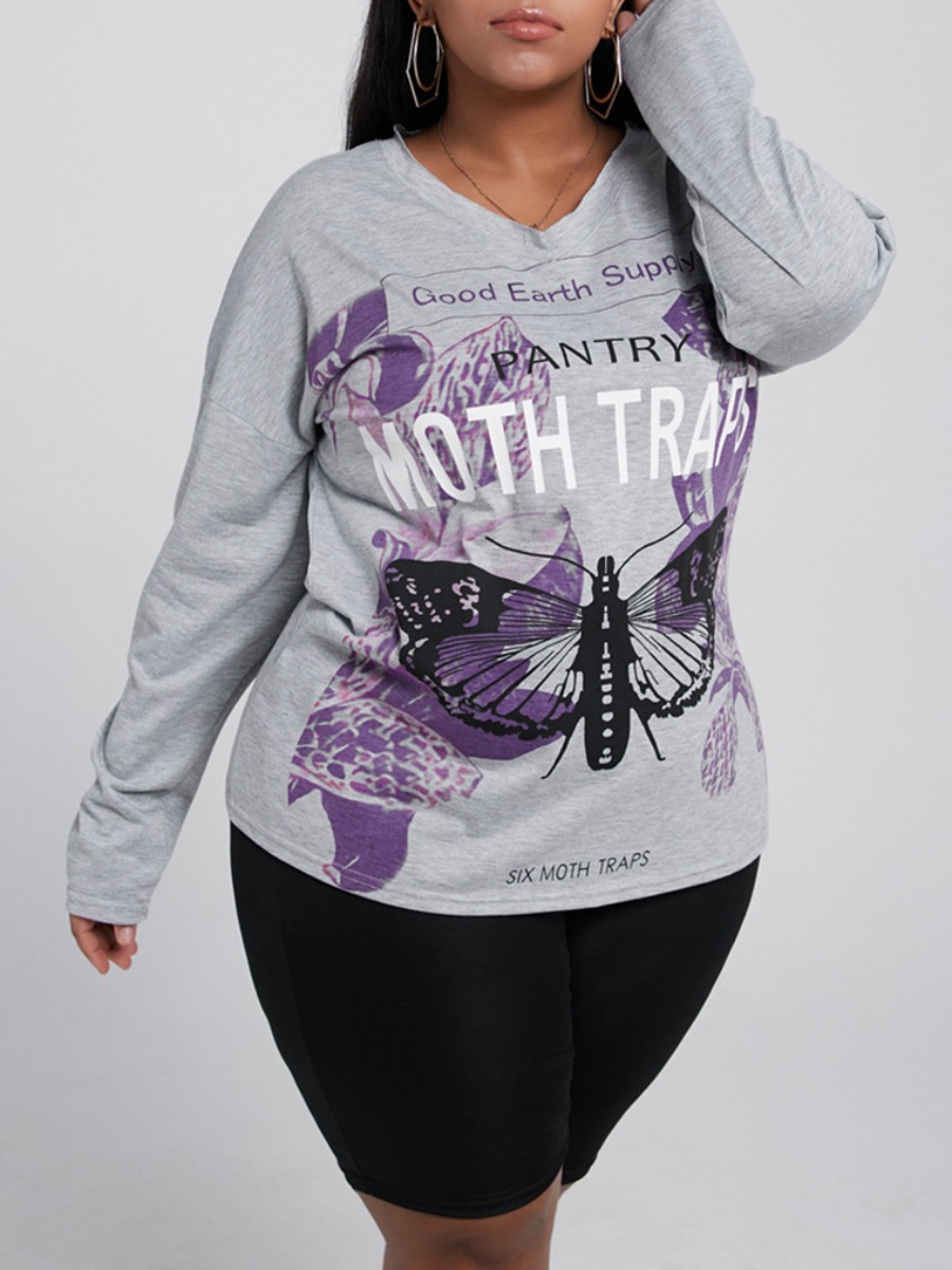 

lovely Casual V Neck Butterfly Print Grey Plus Size Hoodie