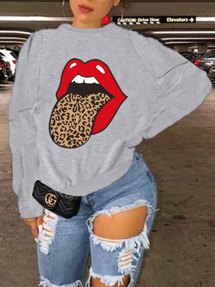 

Lovely Leisure O Neck Lip Print Grey Hoodie