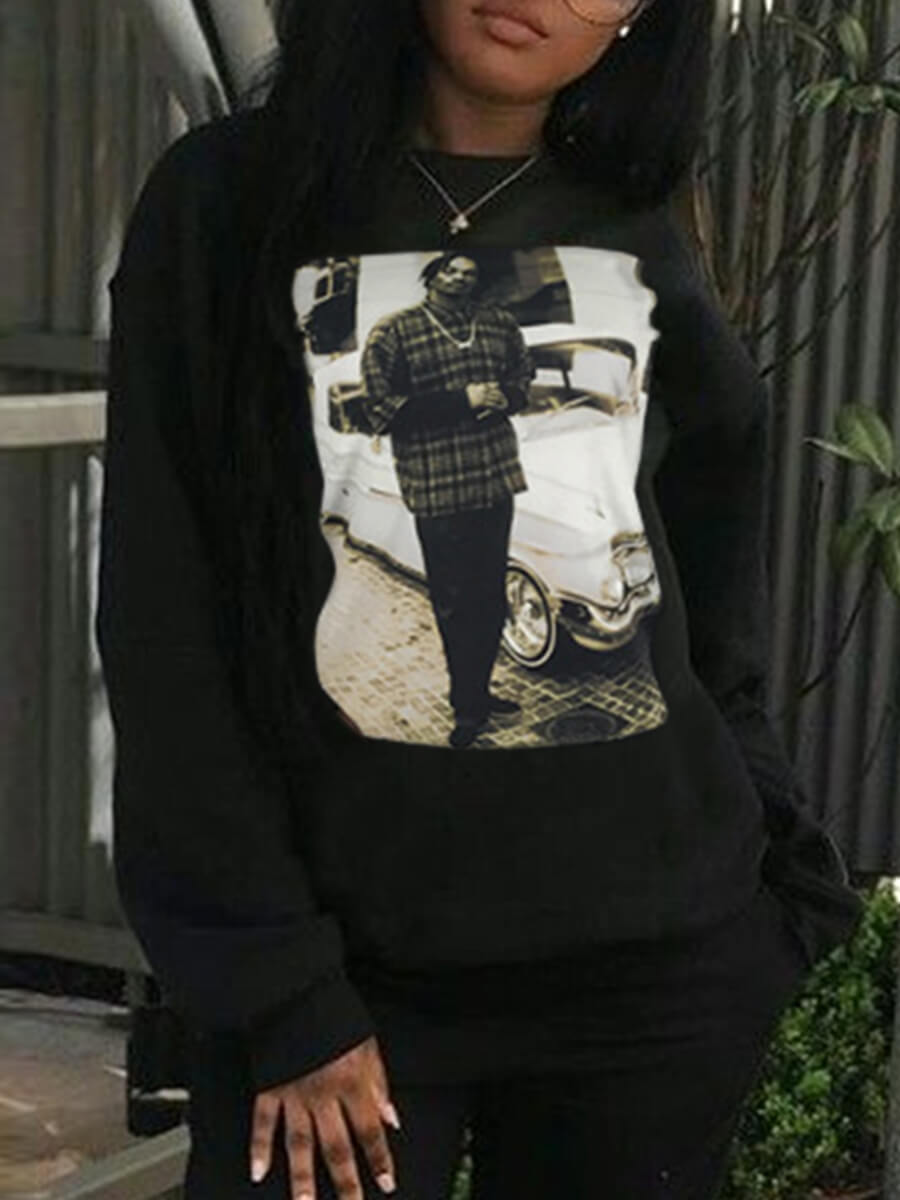 

Lovely Casual O Neck Print Black Hoodie