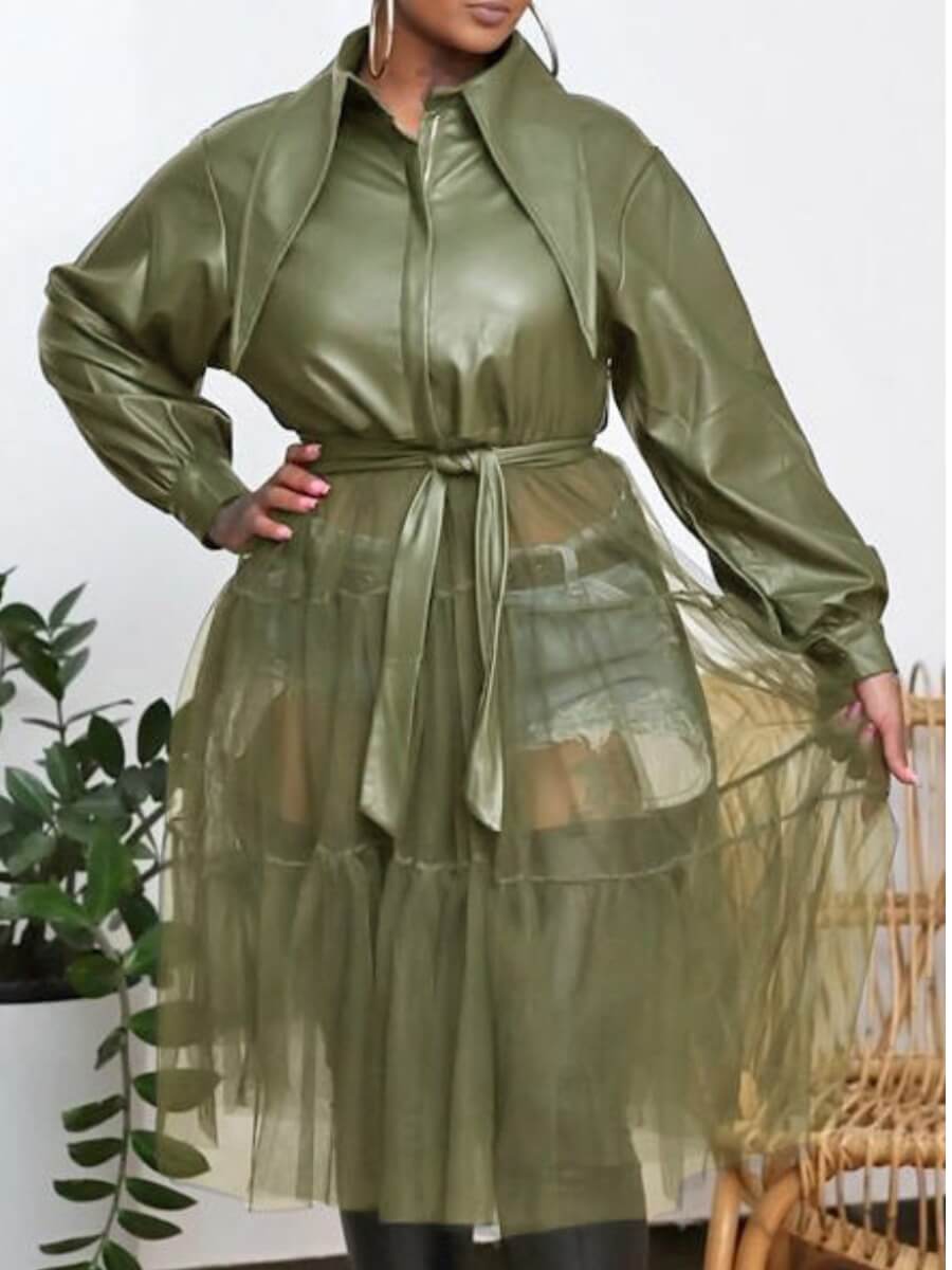

Lovely Street Turndown Collar Patchwork See-through Olive Leather