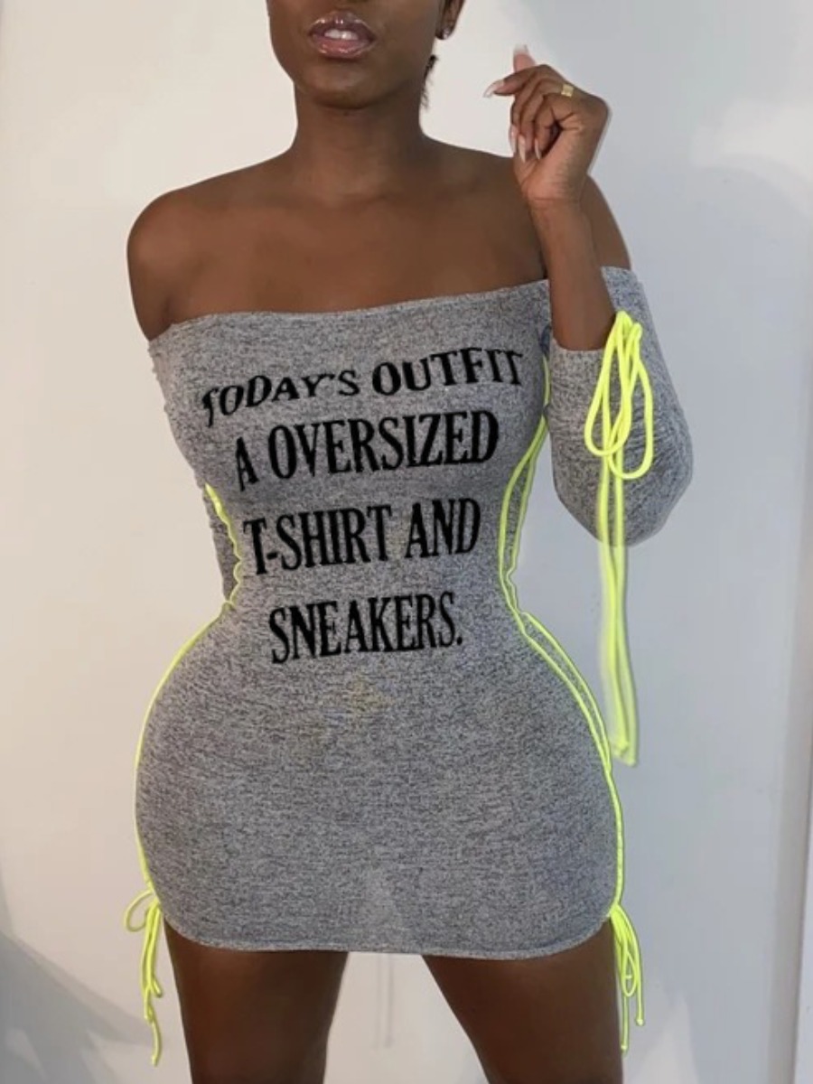 

lovely Street Dew Shoulder Letter Print Grey Mini Dress