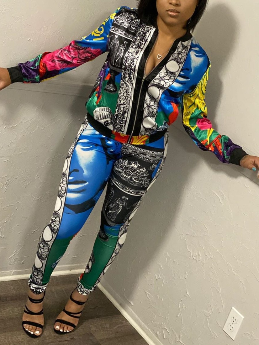 

lovely Trendy Print Zipper Design Multicolor Two Piece Pants Set, Multi