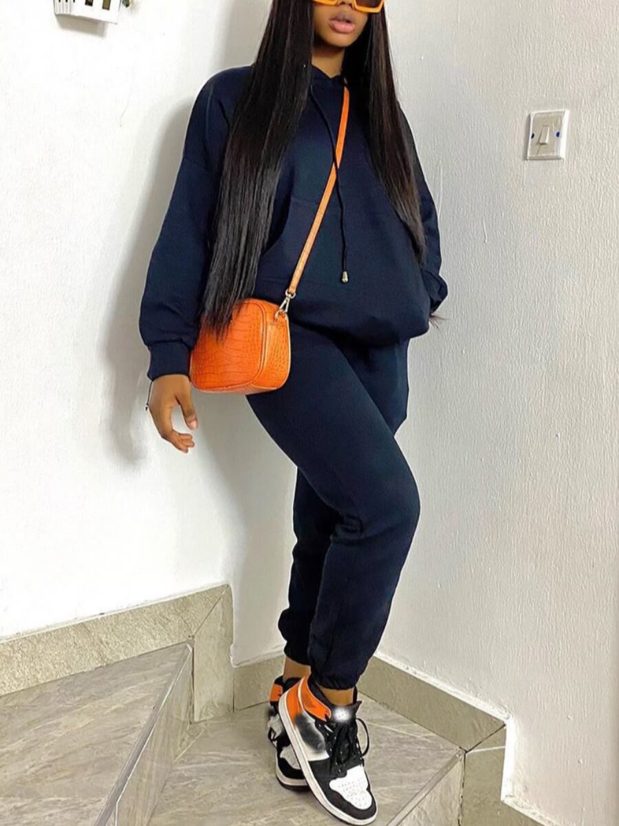 

Lovely Casual Hooded Collar Basic Dark Blue Two Piece Pants Set