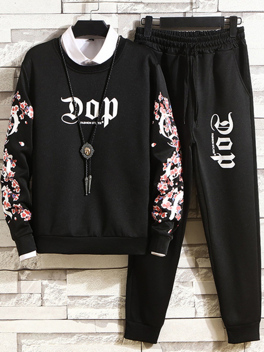 

lovely Casual O Neck Print Black Men Two-piece Pants Set