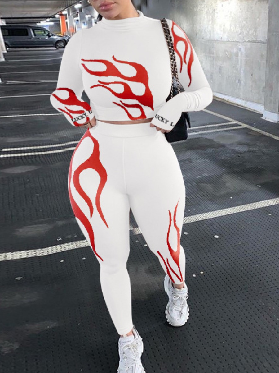 

Lovely Stylish O Neck Print Skinny White Two Piece Pants Set