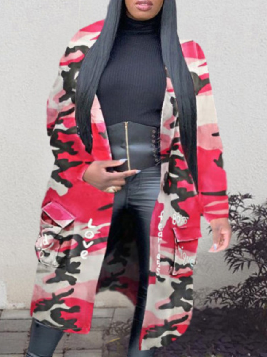 

lovely Street Turndown Collar Camo Print Long Plus Size Coat