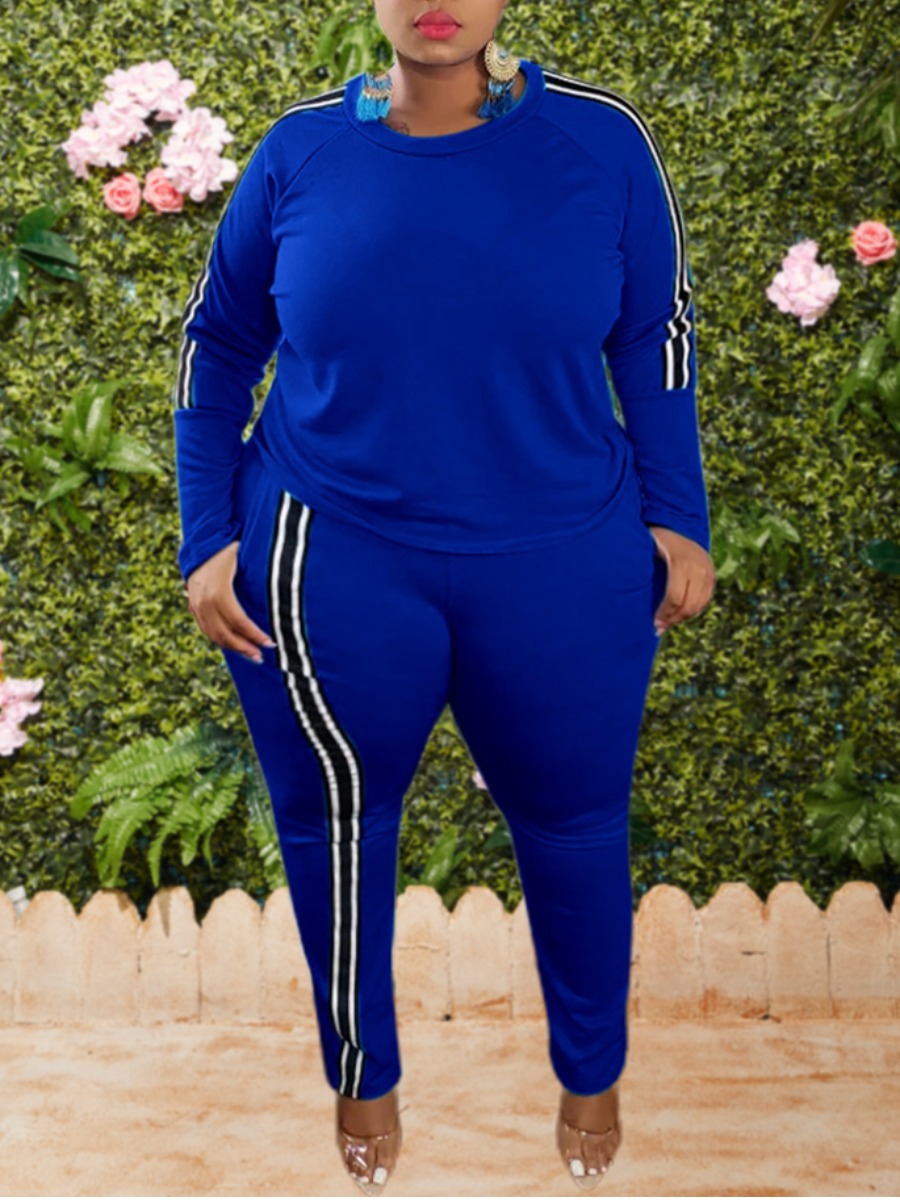 

lovely Casual O Neck Patchwork Blue Plus Size Two-piece Pants Set
