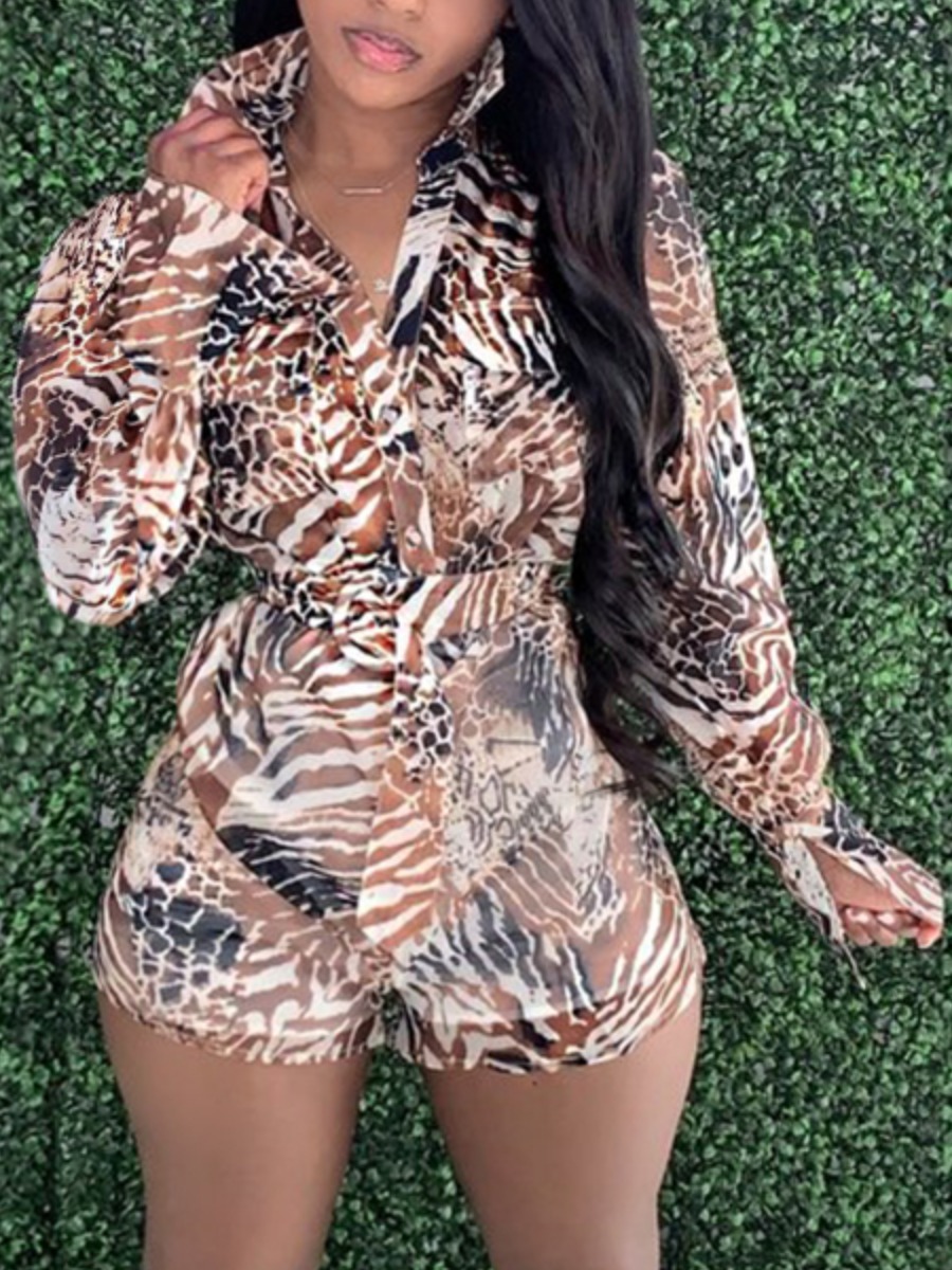 

lovely Stylish Turndown Collar Leopard Print One-piece Romper