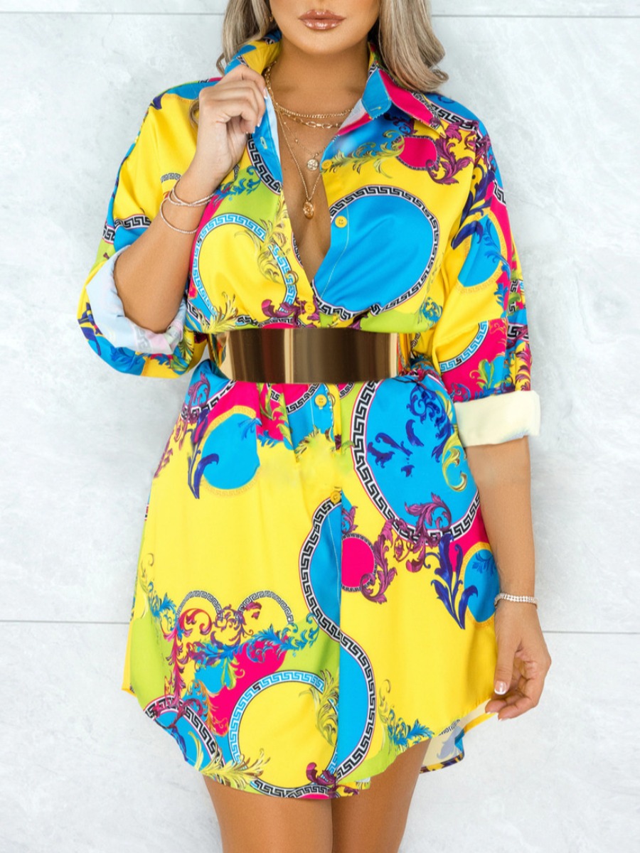 

lovely Trendy Turndown Collar Print Yellow Mini Dress