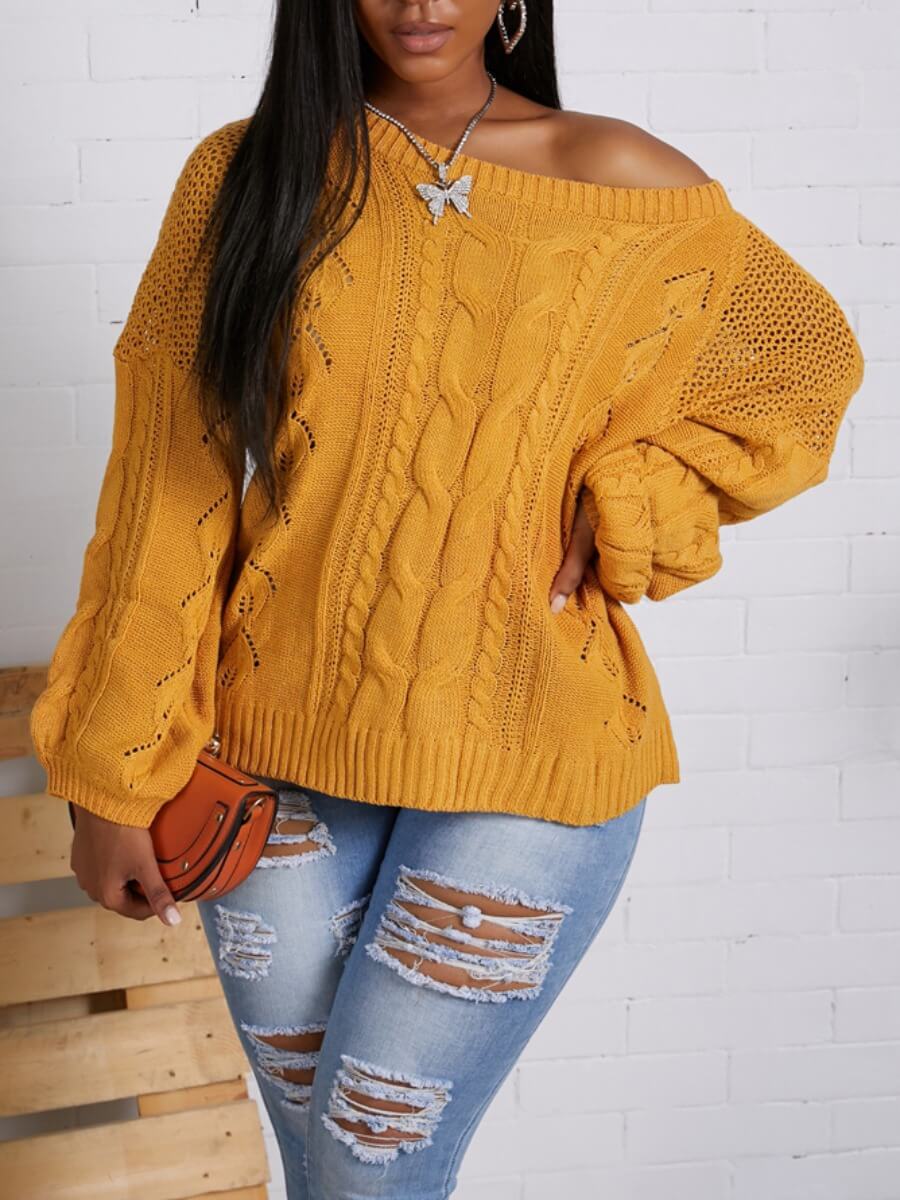 

Lovely Trendy O Neck Hollow-out Loose Yellow Sweater