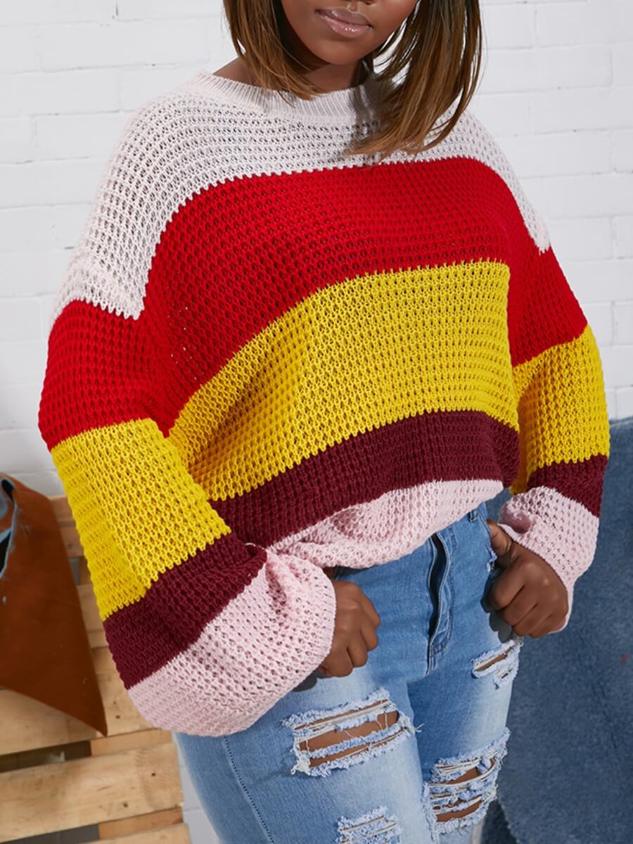 

Lovely Casual O Neck Rainbow Striped Red Sweater
