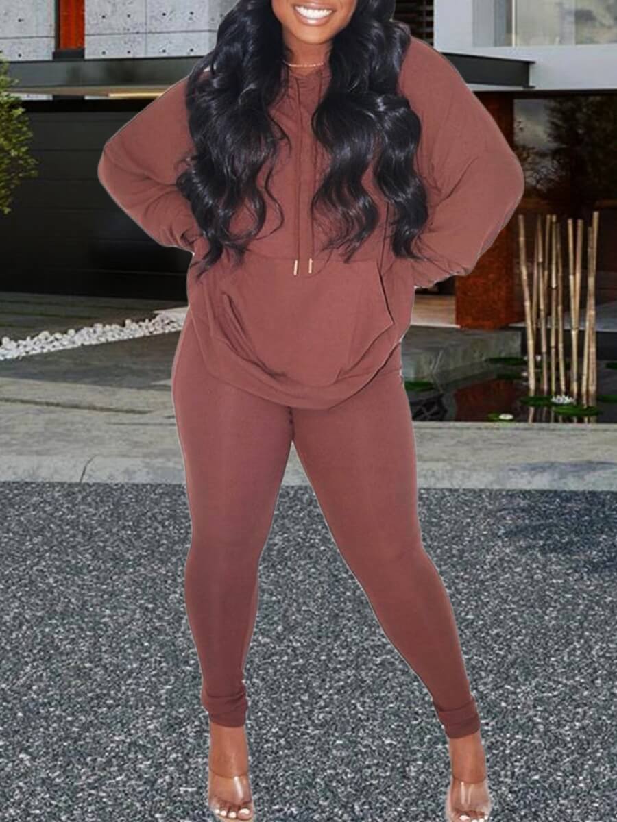 

Lovely Leisure Hooded Collar Pocket Patched Brown Two Piece Pants Set