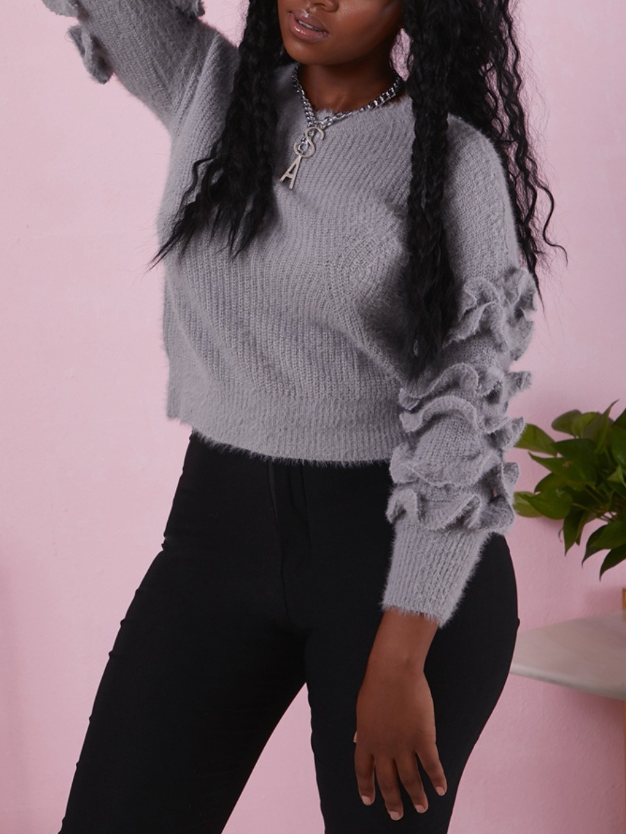 

lovely Casual O Neck Flounce Design Grey Sweater