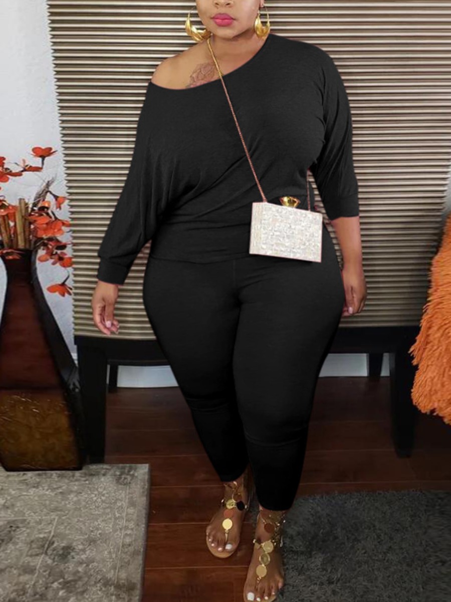 

lovely Leisure Basic Skinny Black Plus Size Two-piece Pants Set