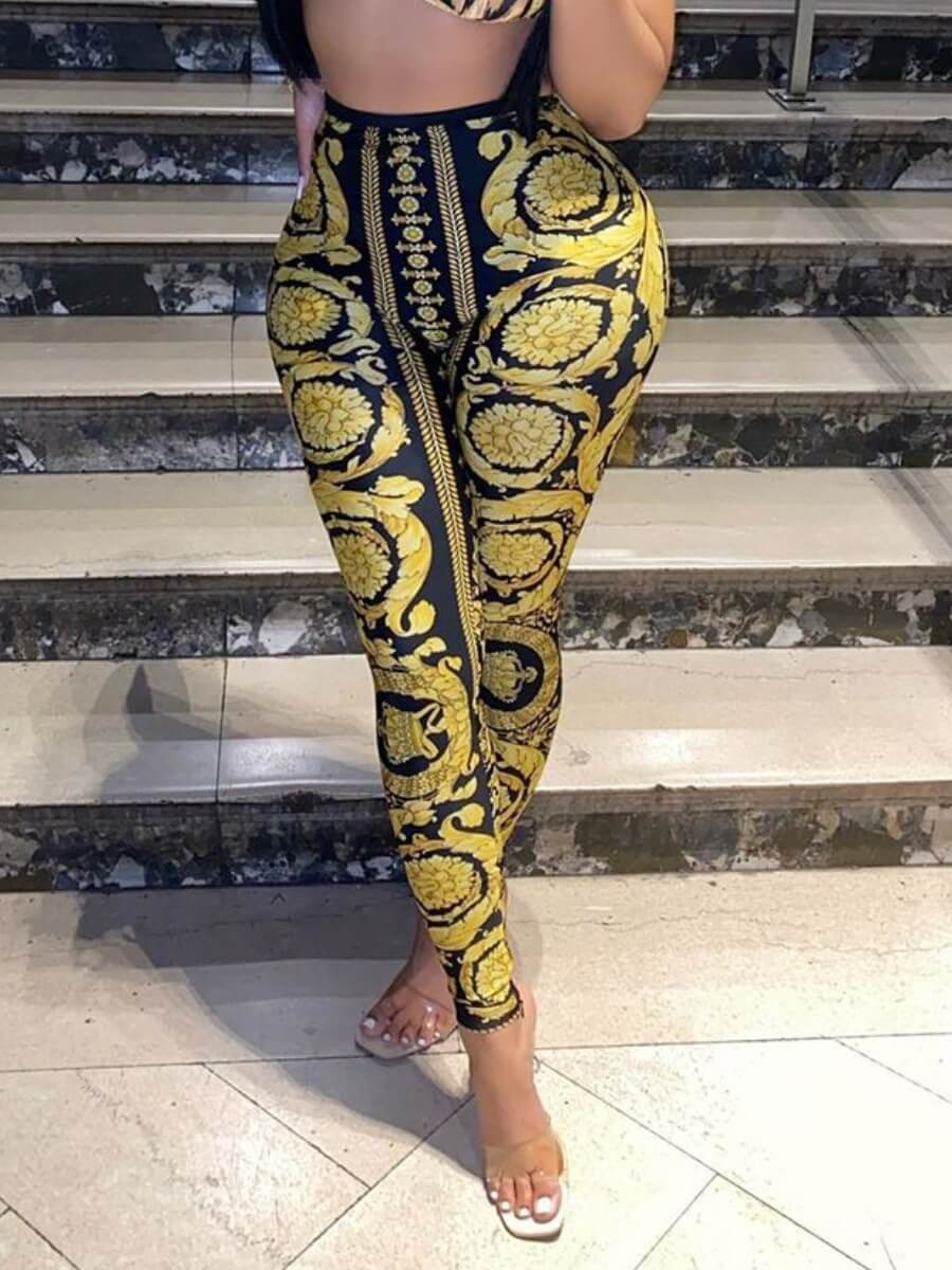 

Lovely Street High-waisted Print Patchwork Yellow Leggings