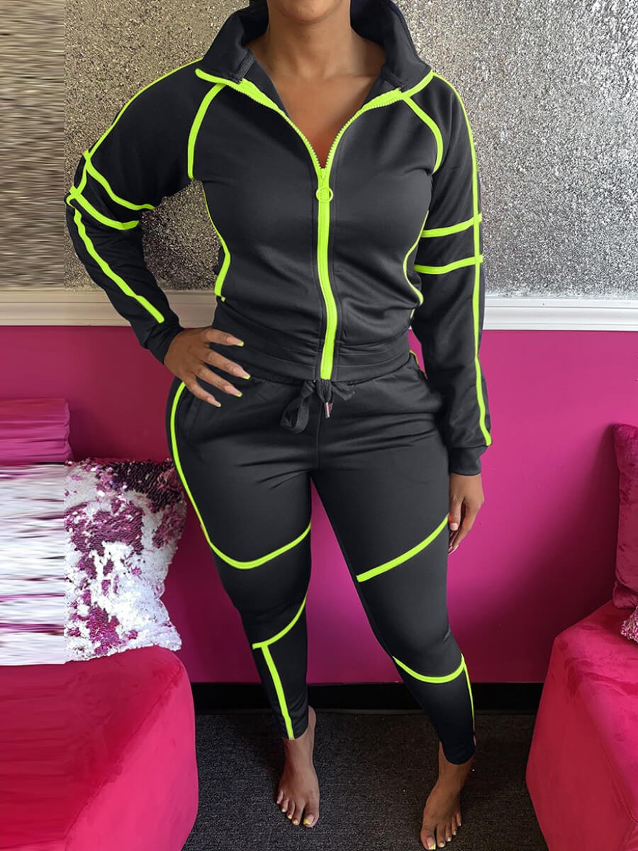 

Lovely Sportswear Turndown Collar Patchwork Black Plus Size Two-piece Pants Set