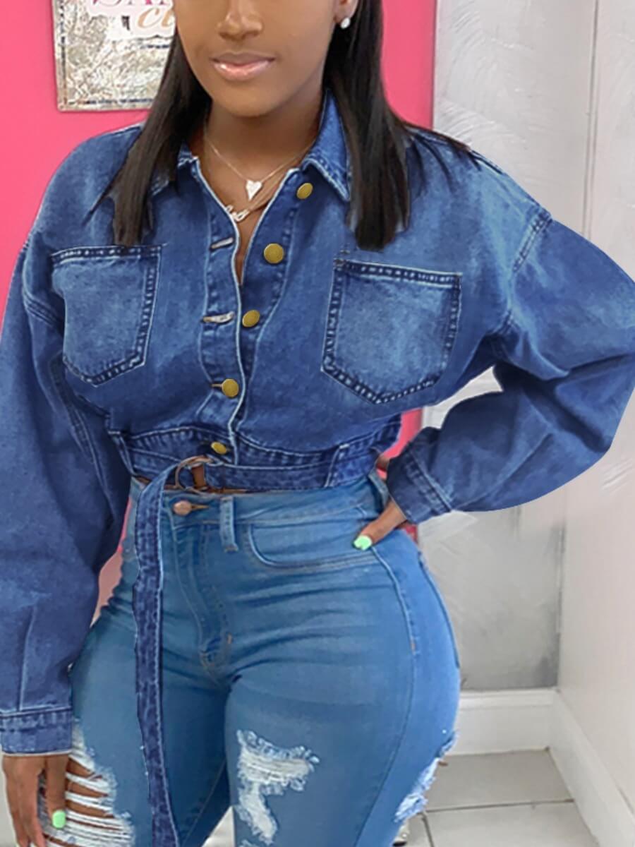 

Lovely Trendy Turndown Collar Buttons Design Blue Denim Jacket