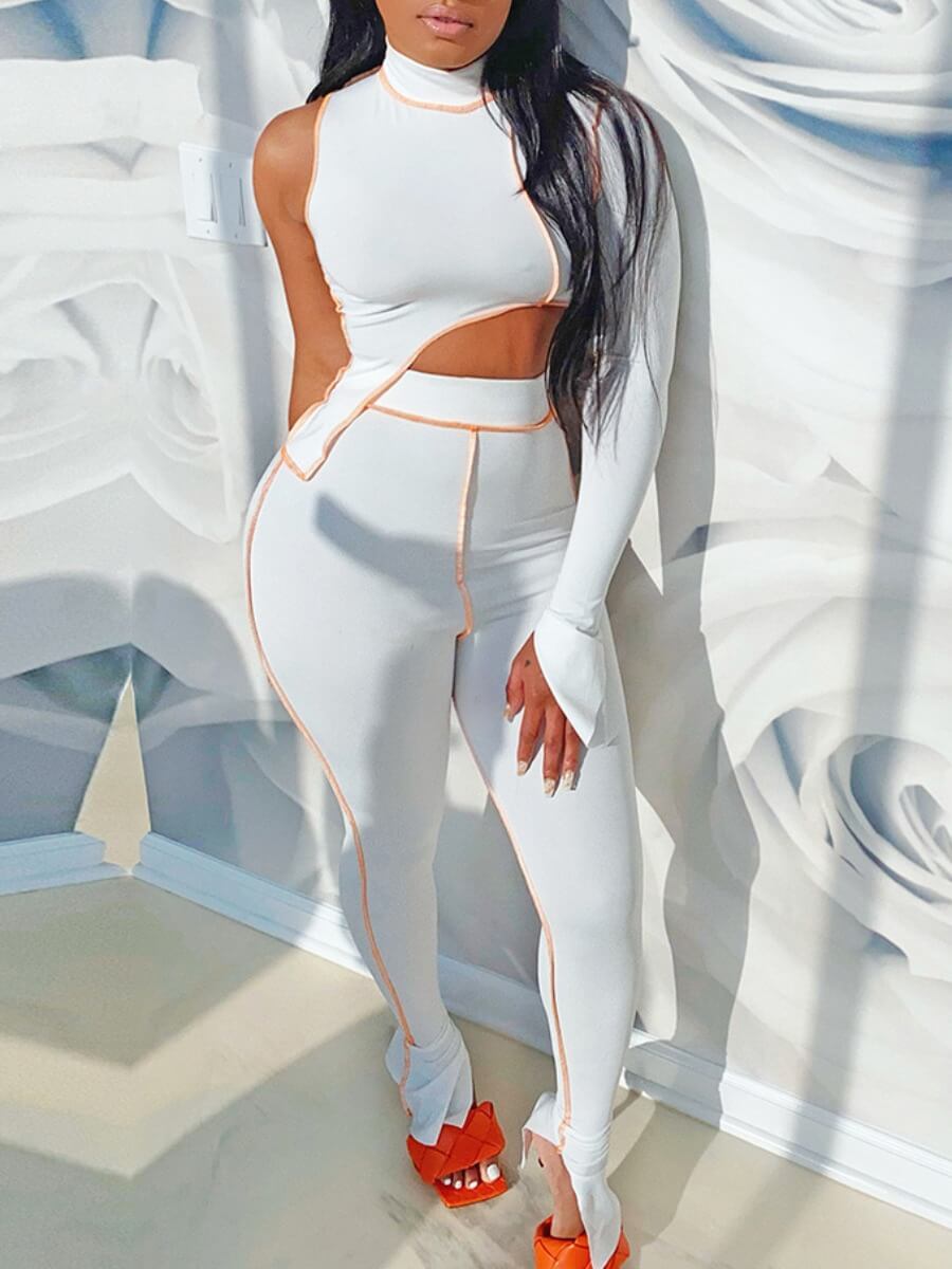 

Lovely Sportswear Turtleneck One Shoulder Patchwork White Two Piece Pants Set