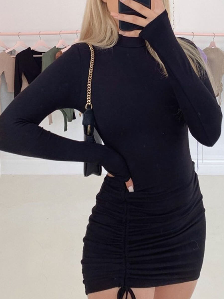 

Lovely Casual Half A Turtleneck Drawstring Black Mini Dress