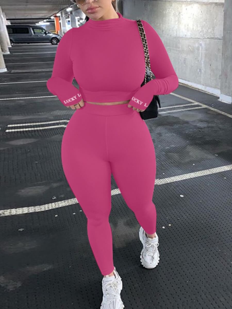 

Lovely Sportswear Basic Skinny Rose Red Two Piece Pants Set