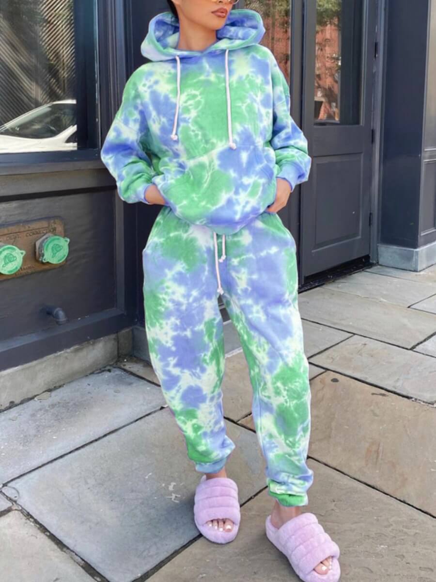 

Lovely Casual Hooded Collar Tie Dye Blue Two Piece Pants Set