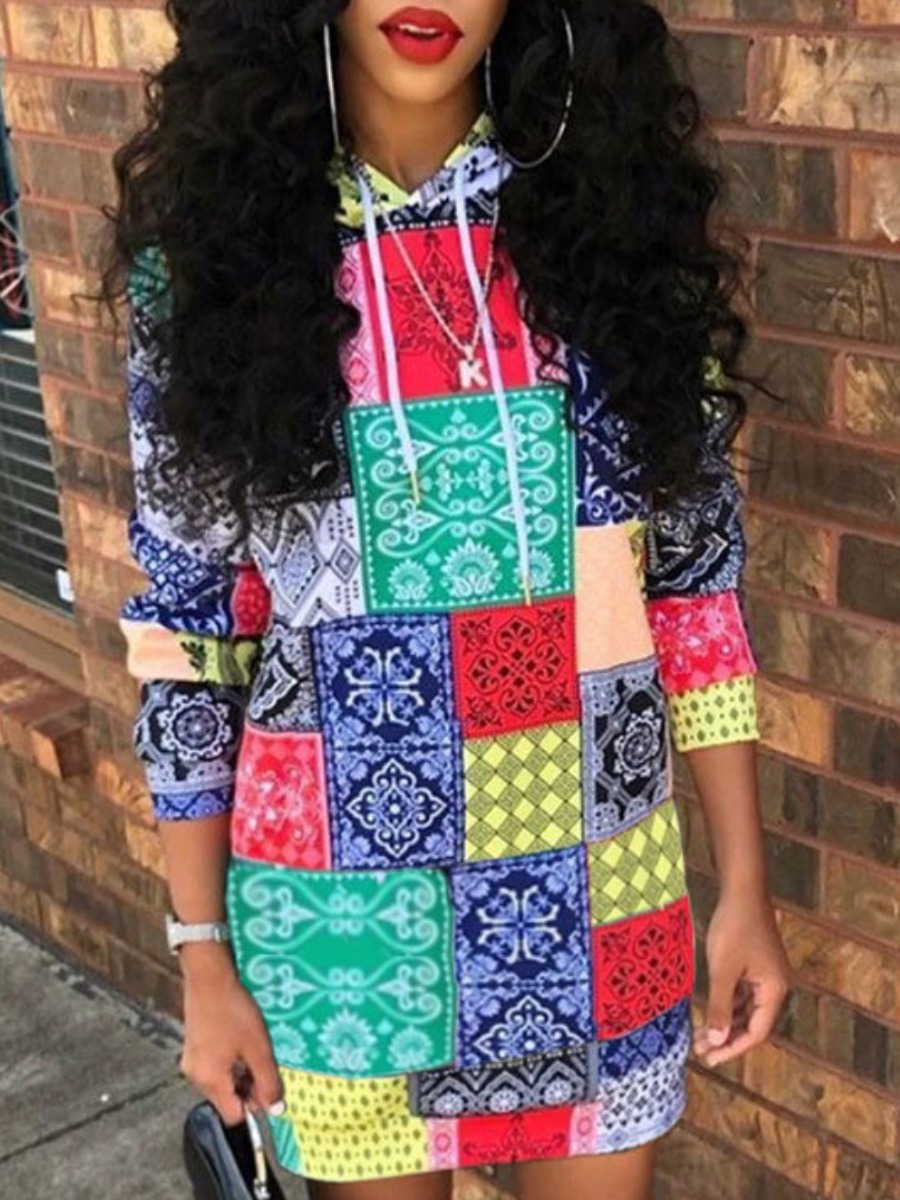 

Lovely Street Hooded Collar Print Multicolor Mini Dress, Multi