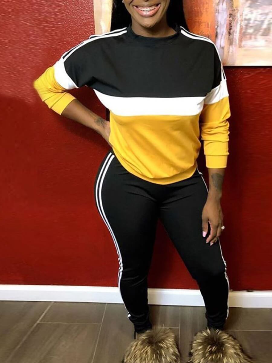 

Lovely Sportswear O Neck Patchwork Yellow Two Piece Pants Set