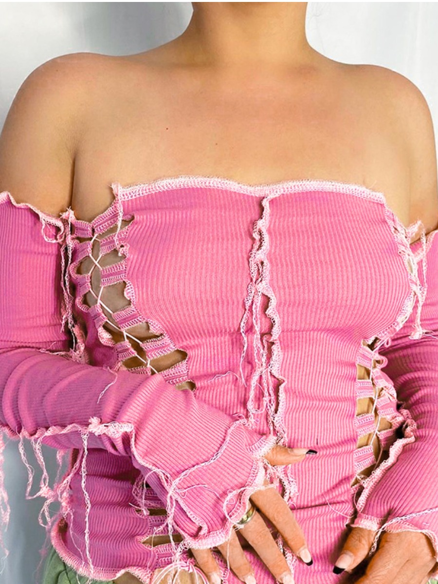 

lovely Street Dew Shoulder Bandage Design Rose Red T-shirt