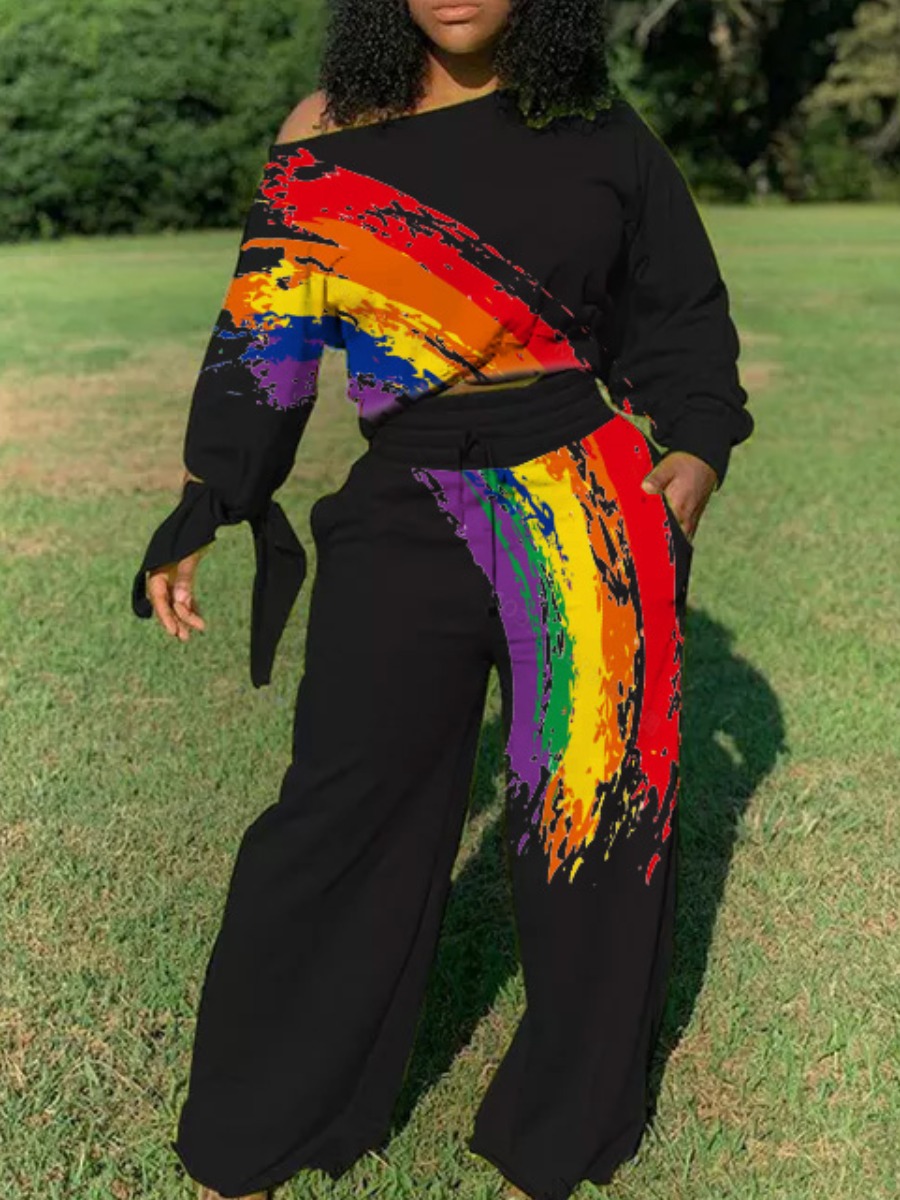 lovely Casual Print Lace-up Black Two Piece Pants Set