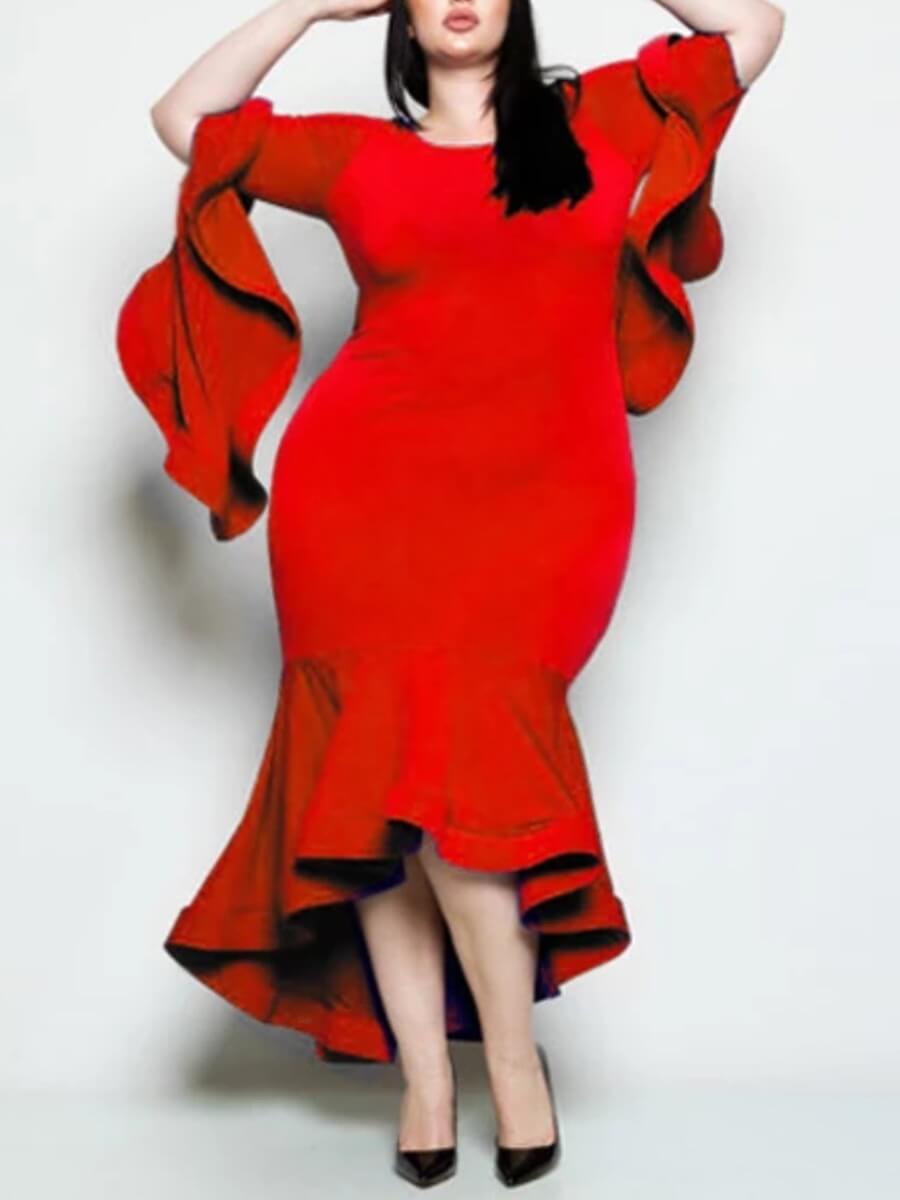 

Lovely Temperament O Neck Flounce Design Red Ankle Length Plus Size Dress