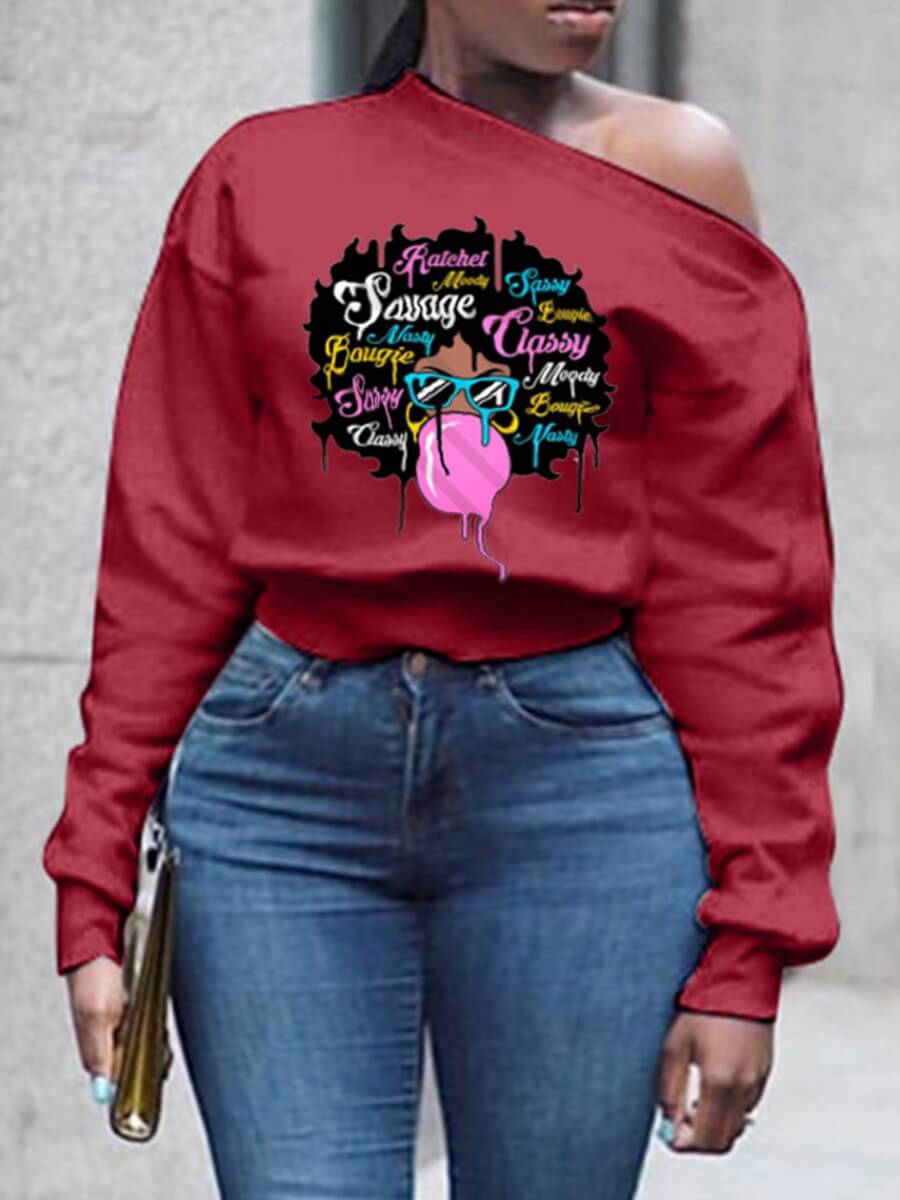 

Lovely Casual O Neck Print Red Plus Size Hoodie