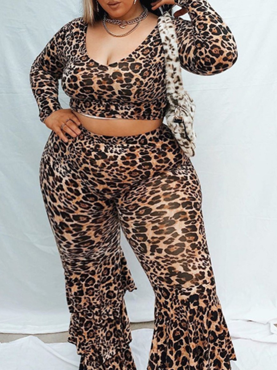 

lovely Stylish U Neck Leopard Print Plus Size Two-piece Pants Set