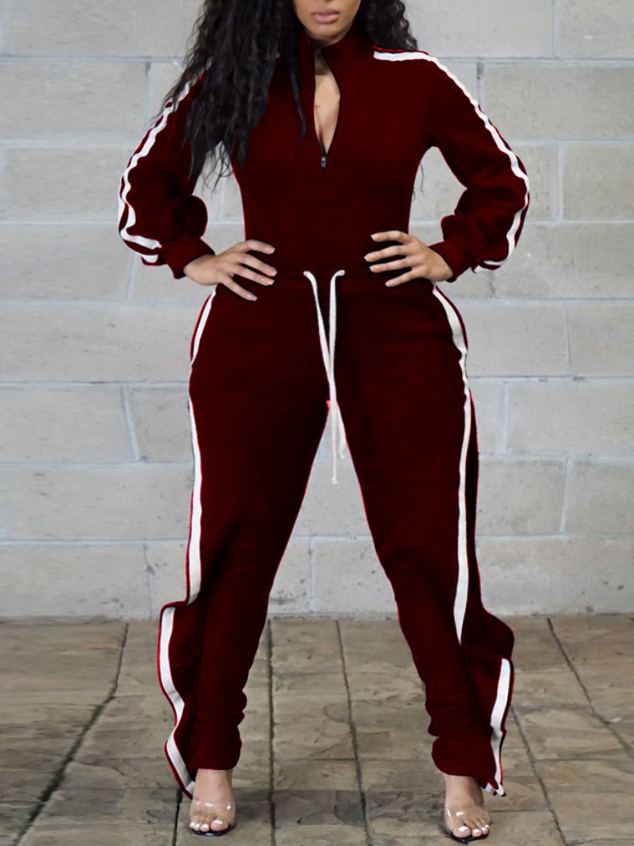 

lovely Sportswear Turndown Collar Patchwork Wine Red Plus Size Two-piece Pants Set