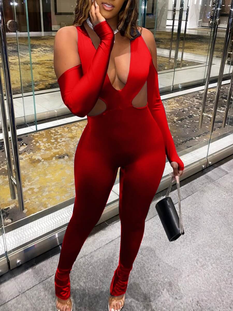 

Lovely Sexy Deep V Neck Hollow-out Red One-piece Jumpsuit