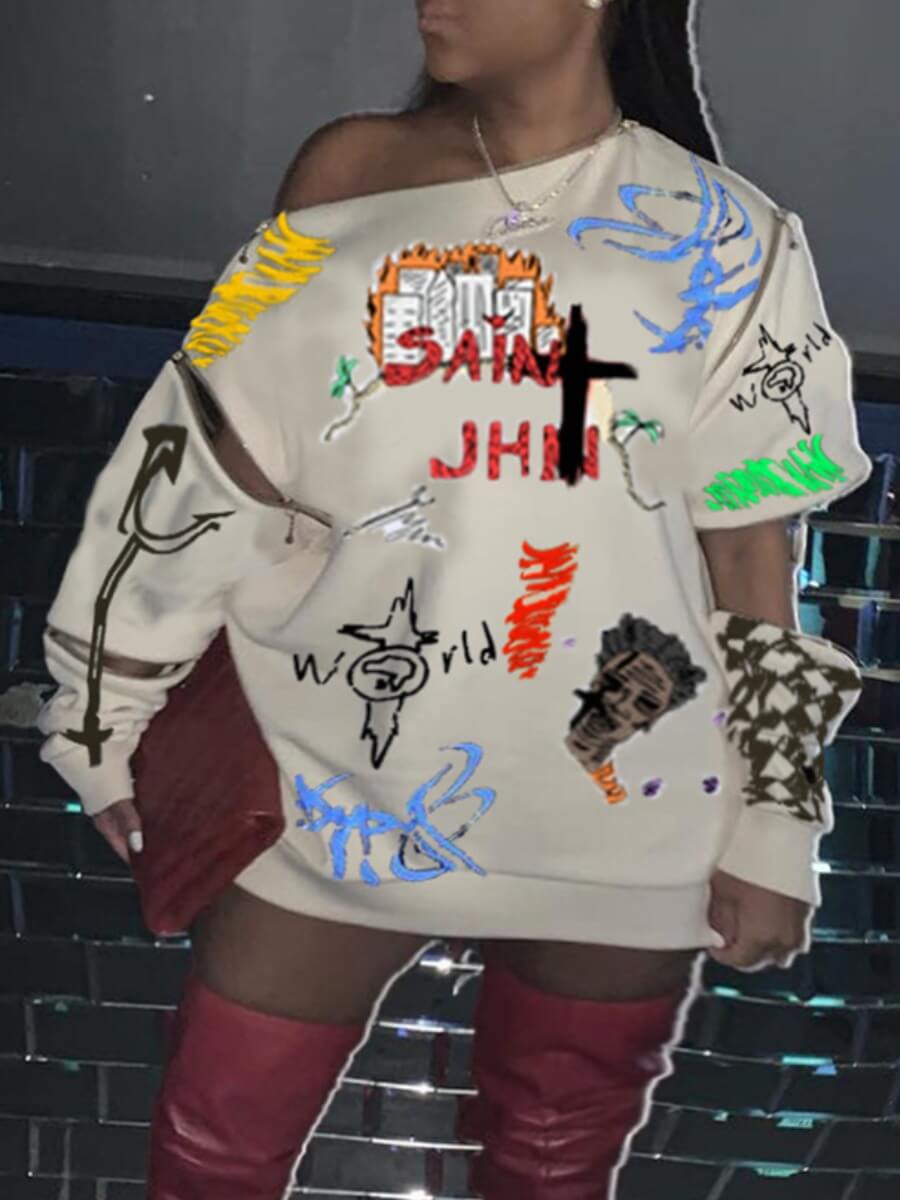 

LW Plus Size Casual Graffiti Print Zipper Design Apricot Mini Dress
