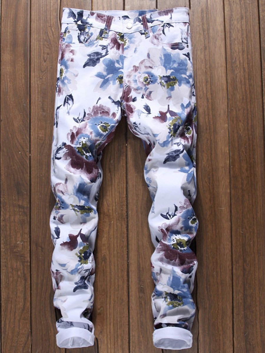 

lovely Stylish Floral Print White Men Jeans