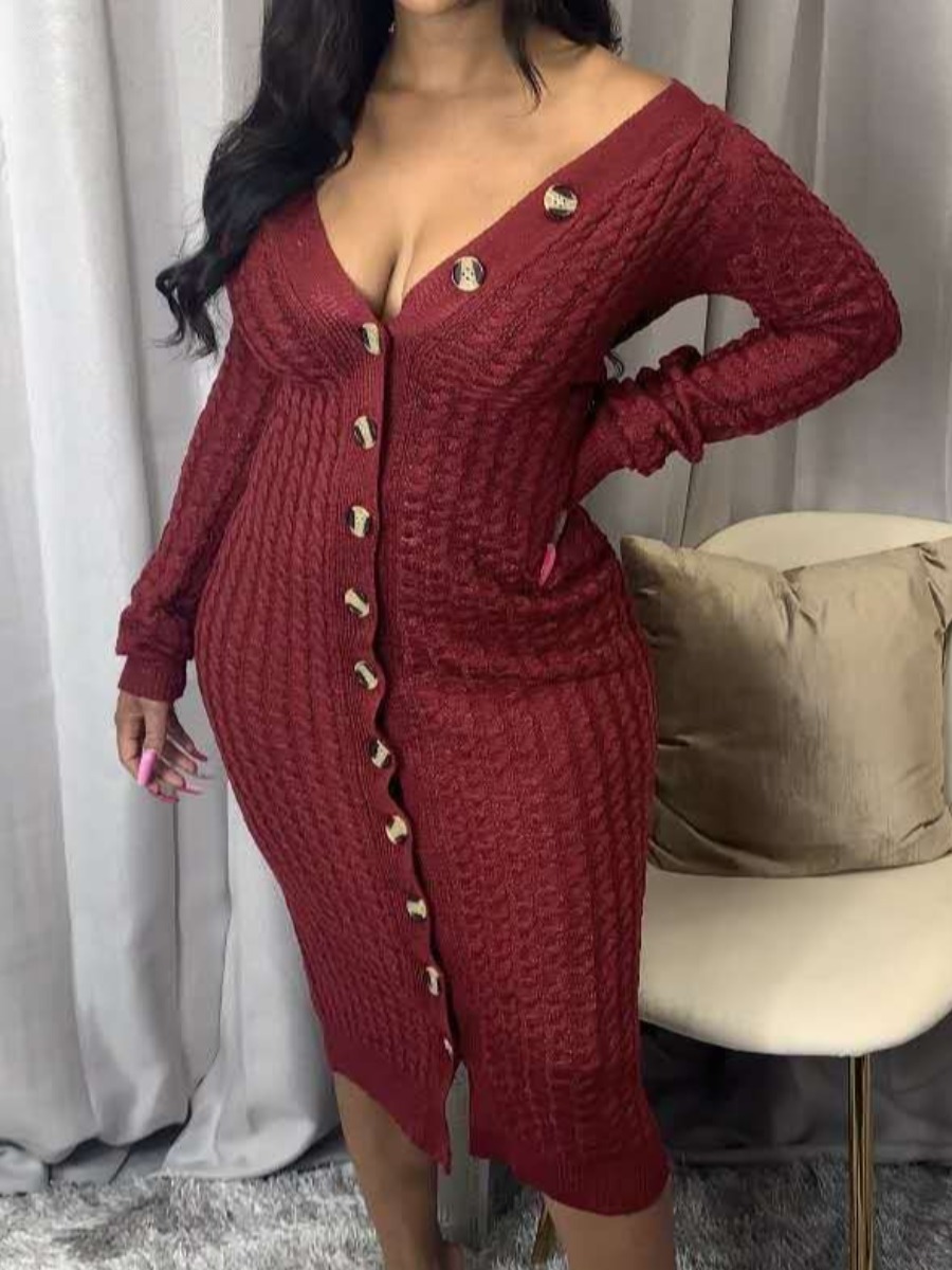

lovely Stylish V Neck Buttons Design Wine Red Knee Length Dress