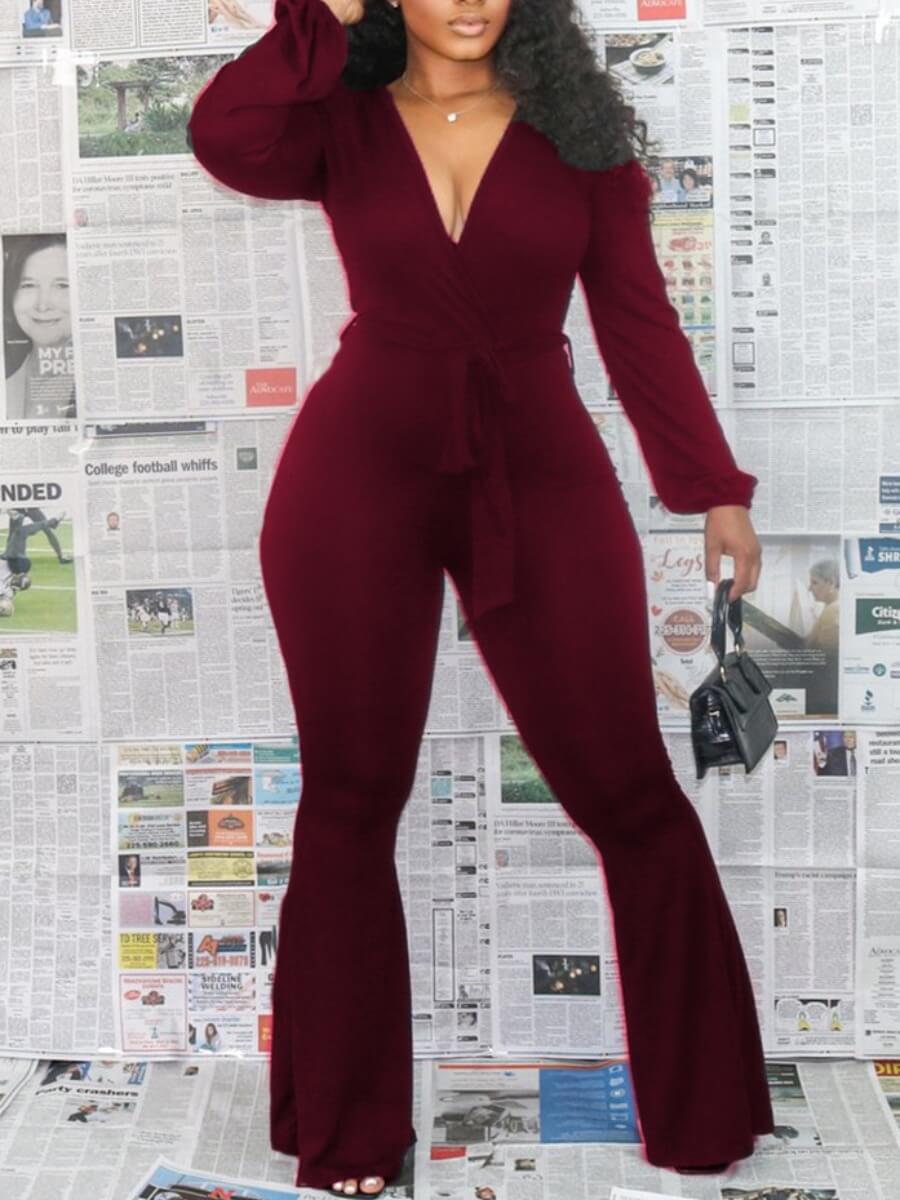 

LW Trendy V Neck Lace-up Wine Red One-piece Jumpsuit