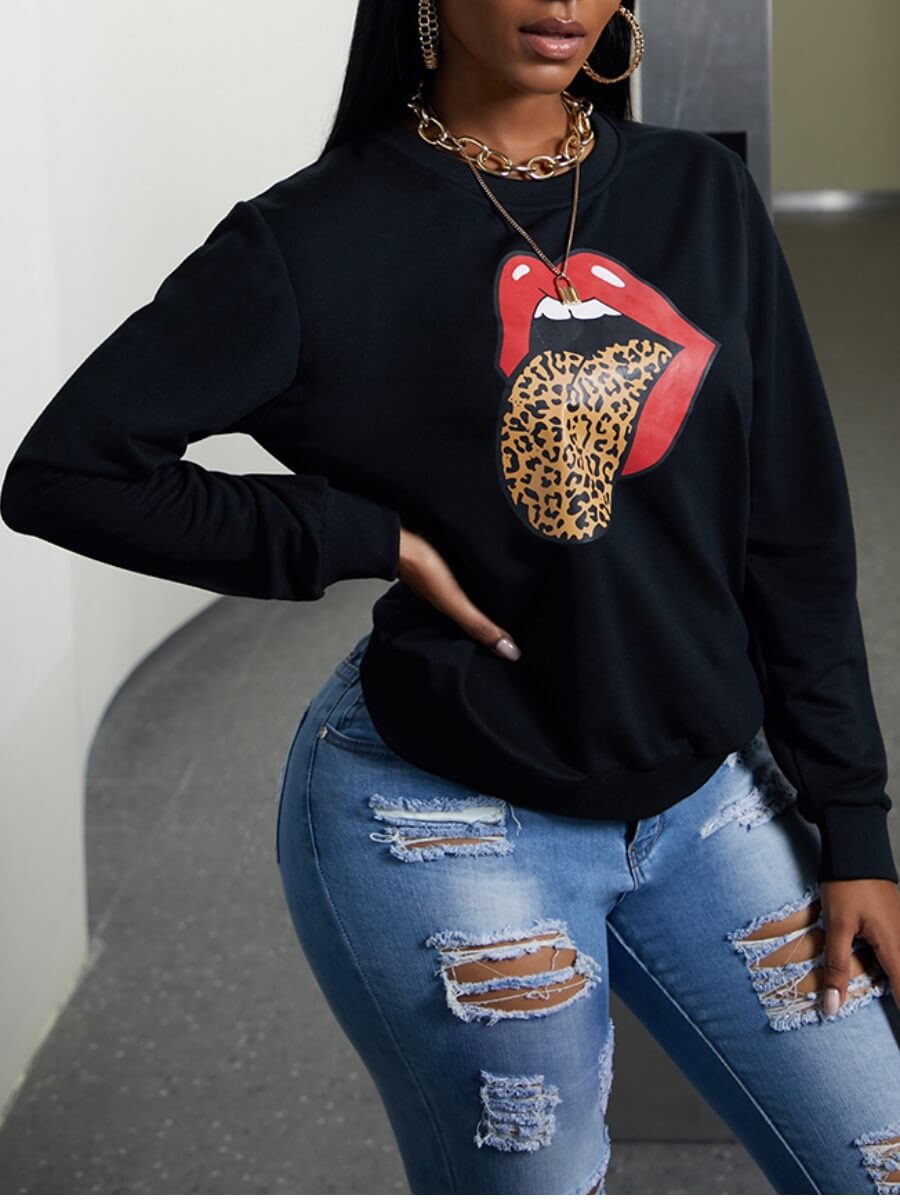 

Lovely Casual O Neck Lip Print Black Hoodie