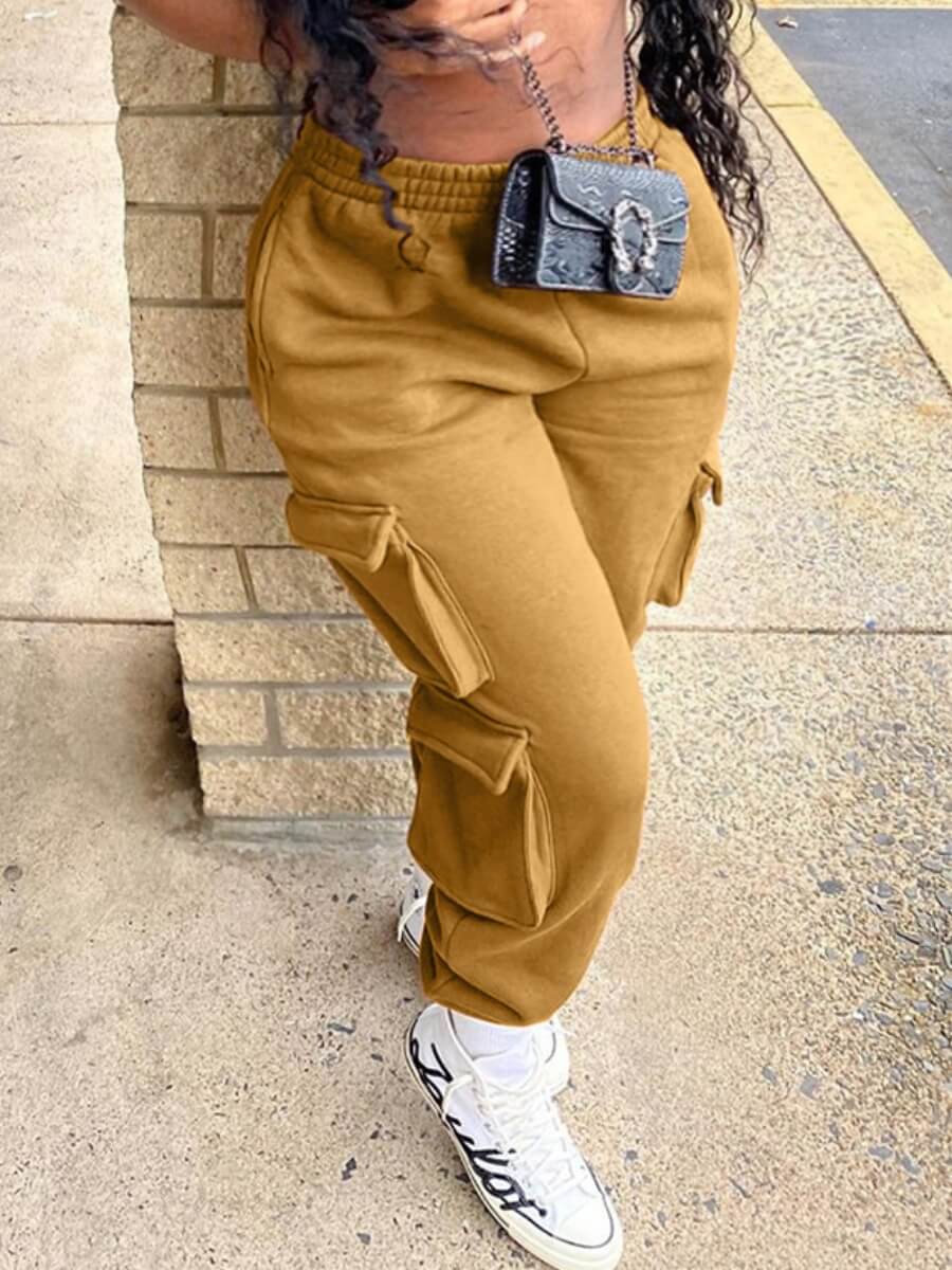 

Lovely Casual Pocket Patched Yellow Plus Size Pants