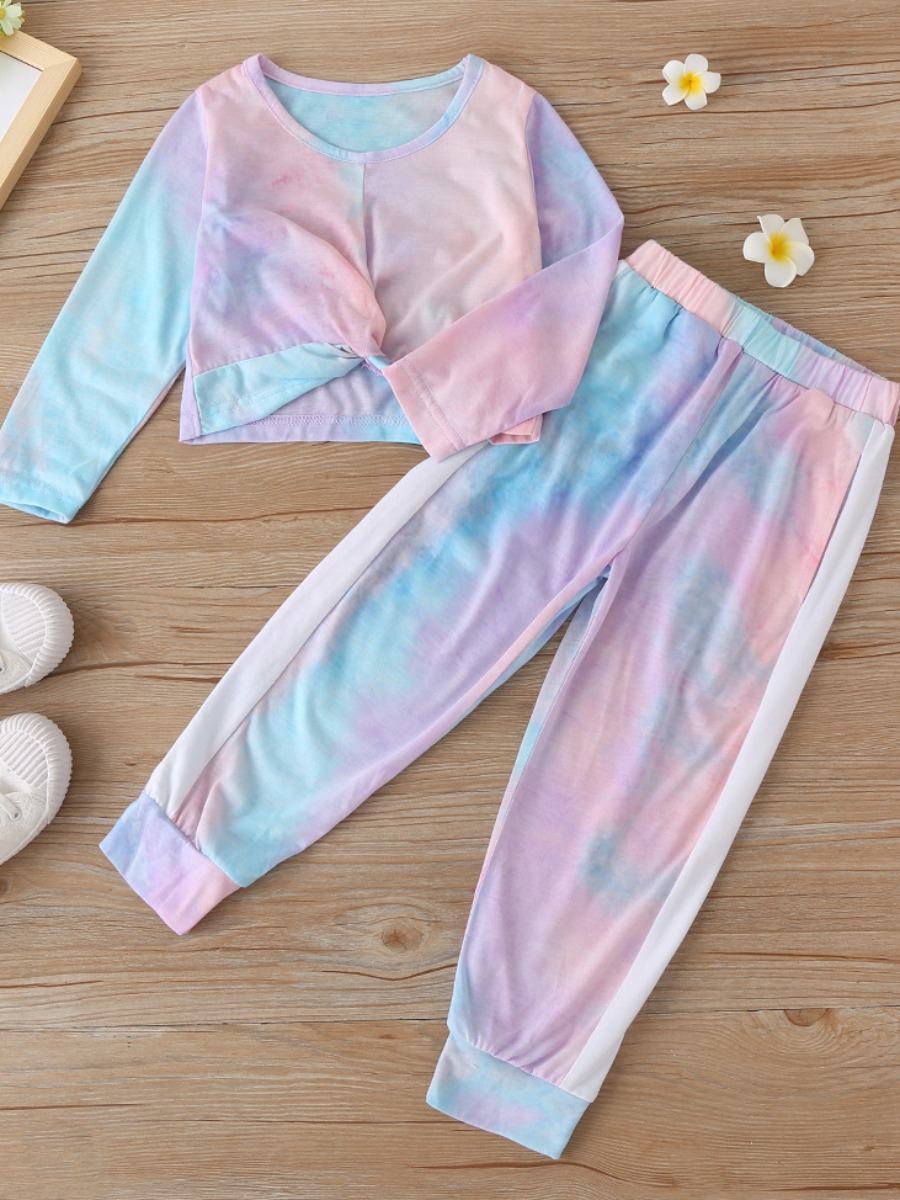 

lovely Casual O Neck Tie-dye Multicolor Girl Two-piece Pants Set, Multi