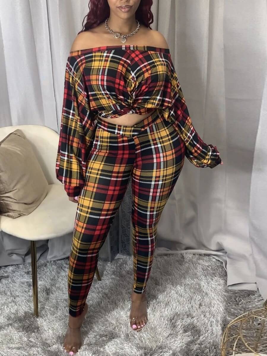 lovely Trendy Dew Shoulder Grid Print Red Two Piece Pants Set
