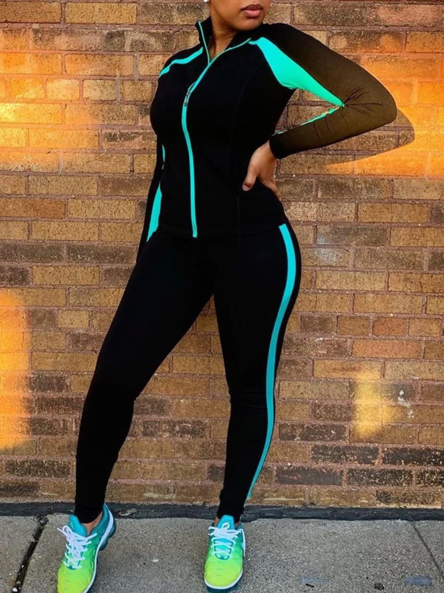 

Lovely Sportswear Patchwork Zipper Design Black Two Piece Pants Set