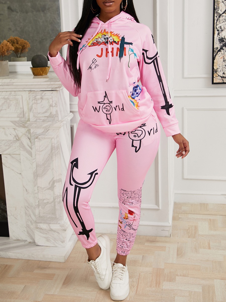 

Lovely Sportswear Hooded Collar Print Pink Two Piece Pants Set
