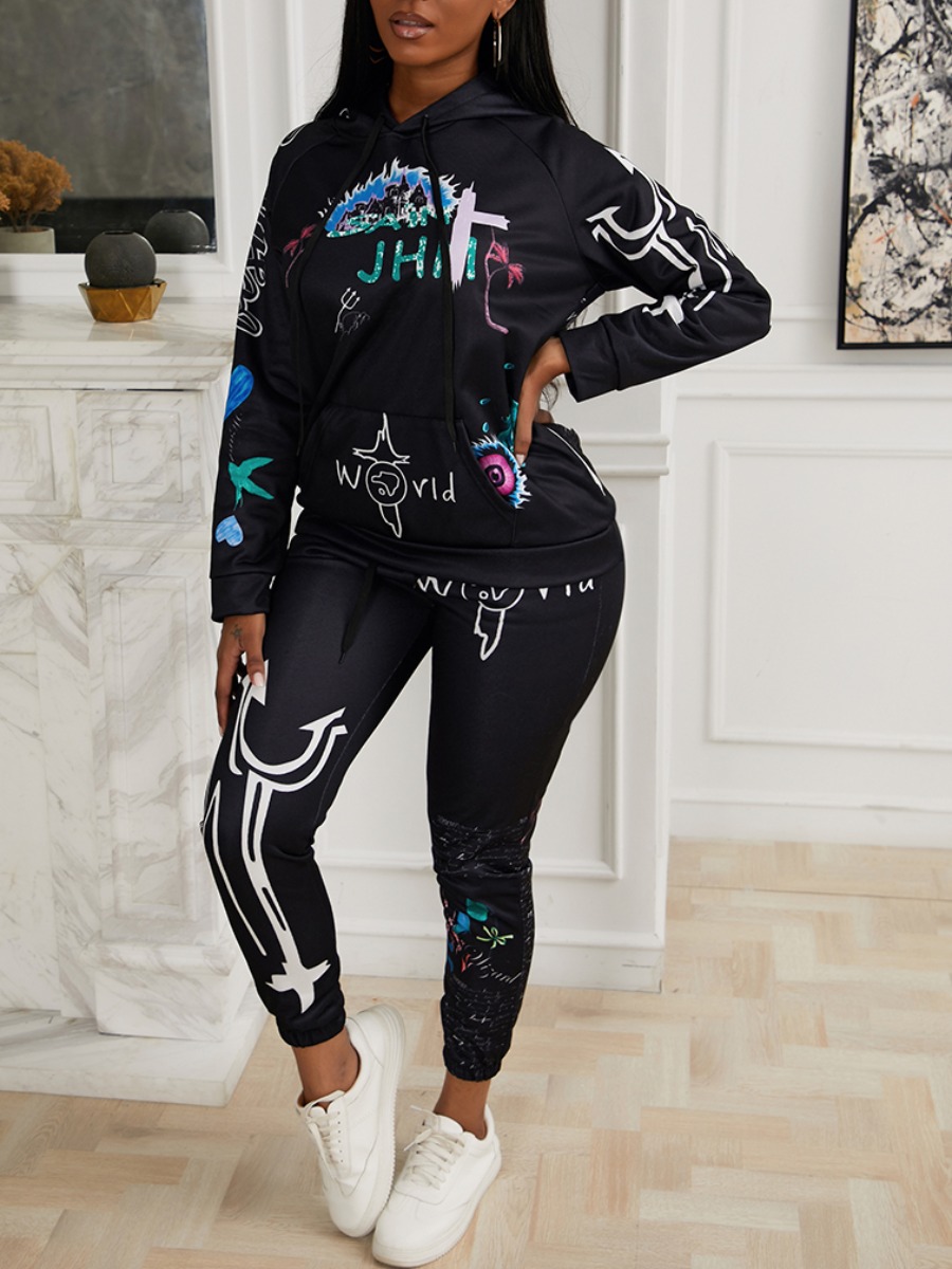 

lovely Sportswear Hooded Collar Print Black Two Piece Pants Set